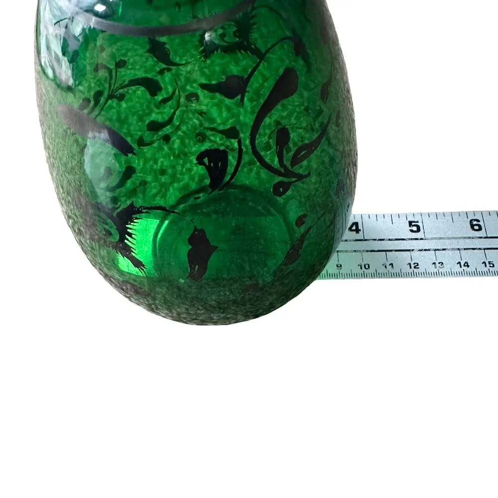 Vintage Empoli‎ Italian Emerald Green Glass Decanter Silver Overlay Floral MCM